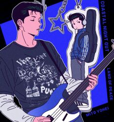  1boy bass_guitar black_eyes black_hair blue_jacket blue_pants character_name charm_(object) cigarette closed_mouth crew_neck denim dot_nose english_text guitar_case hand_in_pocket headphones holding holding_bass_guitar holding_instrument instrument instrument_case jacket jeans layered_clothes layered_sleeves long_sleeves looking_to_the_side mito_youhei multiple_views music pants peter_sponsor playing_bass_guitar playing_instrument print_shirt shirt shoes short_hair short_over_long_sleeves short_sideburns short_sleeves slam_dunk_(series) sneakers standing track_jacket triple_vertical_stripe white_shirt 