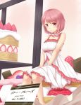  1girl cake dress food hair_ribbon pink_eyes pink_hair ribbon short_hair smile solo yosshii_(ropichan2) 