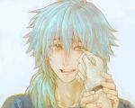  1boy blue_hair clear_(dramatical_murder) dramatical_murder gloves hand_on_another&#039;s_cheek hand_on_another&#039;s_face long_hair male seragaki_aoba smile soapwort solo_focus tears wiping_tears yellow_eyes 