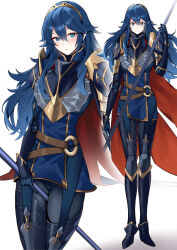  1girl ameno_(a_meno0) armor blue_armor blue_cape blue_eyes blue_hair blush brand_of_the_exalt breastplate cape fire_emblem fire_emblem_awakening fire_emblem_heroes gloves hair_between_eyes holding holding_weapon long_hair long_sleeves looking_at_viewer lucina_(brave_princess)_(fire_emblem) lucina_(fire_emblem) official_alternate_costume polearm red_cape shoulder_armor simple_background smile solo spear symbol-shaped_pupils tiara two-tone_cape weapon 