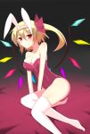  1girl animal_ears blonde_hair breasts bunnysuit cleavage fake_animal_ears flandre_scarlet hamiyun leotard rabbit_ears red_eyes ribbon short_hair side_ponytail sitting smile solo thighhighs touhou white_legwear wings 