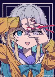  1girl aqua_bow aqua_bowtie blue_eyes blue_sailor_collar bow bowtie cardigan commentary eenightlamp english_commentary finger_frame grey_eyes hair_between_eyes highres holding holding_scissors long_hair long_sleeves neuro-sama sailor_collar scissors shirt straight-on study-sama twitter_username upper_body vedal_ai virtual_youtuber white_shirt yellow_cardigan 