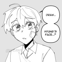  1boy areuwuu bandage_on_face bandages coat english_text hair_between_eyes head_tilt highres kim_dokja monochrome necktie oldest_dream omniscient_reader's_viewpoint portrait secretive_plotter shirt short_hair solo t-shirt vest yoo_joonghyuk 