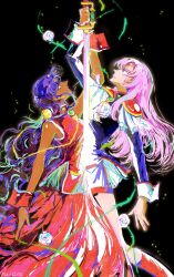  2girls bare_shoulders black_background blue_jacket boots breasts dark-skinned_female dark_skin dress epaulettes hair_between_eyes highres himemiya_anthy holding holding_sword holding_weapon jacket long_dress medium_breasts multiple_girls parted_bangs parted_lips pink_hair purple_hair red_boots red_dress red_skirt red_wrist_cuffs shoujo_kakumei_utena sidelocks skirt sword tenjou_utena weapon windychariot wrist_cuffs 