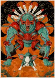  absurdres animal_focus blue_eyes commentary dog english_commentary feathers full_body highres iggy_(jojo) jojo_no_kimyou_na_bouken no_humans open_mouth stand_(jojo) stardust_crusaders the_fool_(stand) xfkart 