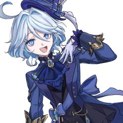  1girl ahoge ascot back_bow black_vest blue_ascot blue_bow blue_eyes blue_gemstone blue_hair blue_hat blue_jacket blue_pupils blue_sash blue_shirt bow buttons commentary_request drop-shaped_pupils eyelashes furina_(genshin_impact) gem genshin_impact gloves hair_between_eyes hand_up hat hat_bow hat_ornament heterochromia highres huge_ahoge jacket jewelry kano_kano_777 lapels long_sleeves looking_at_viewer mismatched_pupils multicolored_hair open_clothes open_jacket open_mouth pendant sash shirt short_hair sidelocks simple_background smile solo standing symbol-shaped_pupils tongue two-tone_hair vest vision_(genshin_impact) wavy_hair white_background white_gloves white_hair 