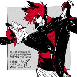  1boy 1girl absurdres alastor_(hazbin_hotel) alternate_hair_length alternate_hairstyle black_hair charlie_morningstar dancing english_commentary english_text evil_grin evil_smile formal_clothes grin hand_around_waist hat hazbin_hotel hellaverse highres holding laughing monocle multicolored_hair official_alternate_costume qin_gu red_hair sharp_teeth short_hair smile spot_color suit teeth 