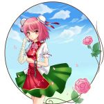 1girl :o bandages blouse blue_sky chain clenched_hand clouds cuffs double_bun finger_to_face flower huihui_langwaipo ibaraki_kasen leaf looking_at_viewer manacles petals pink_eyes pink_hair pink_rose puffy_short_sleeves puffy_sleeves rose short_hair short_sleeves skirt sky solo tabard wind 