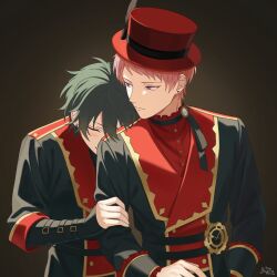  2boys black_background closed_eyes closed_mouth commentary_request dated earrings ensemble_stars! grabbing_another's_arm green_hair hat highres itsuki_shu jewelry kagehira_mika long_sleeves looking_at_another male_focus multiple_boys nisesakana pink_hair red_hat short_bangs short_hair signature stud_earrings upper_body valkyrie_(ensemble_stars!) violet_eyes 