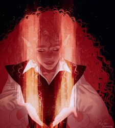  1boy arcanegold black_background black_vest closed_eyes closed_mouth collared_shirt colored_skin commentary crack_of_light curly_hair dungeons_&amp;_dragons ear_piercing elf english_commentary eyelashes fantasy gold_piercing highres implied_cuntboy light_particles long_hair long_sleeves mole mole_above_mouth mole_under_eye open_hands original piercing pink_hair pink_skin pointy_ears puffy_long_sleeves puffy_sleeves shirt signature thick_eyebrows thick_lips underlighting upper_body very_long_hair vest wesley_(arcanegold) white_shirt 