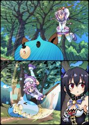  ... 2girls absurdres aderyn ai-assisted attack black_dress black_hair breasts choujigen_game_neptune creature defeat dogoo dress flat_chest forest grass hair_ornament hair_ribbon highres holding holding_sword holding_weapon hood hoodie jumping long_hair medium_breasts multiple_girls nature neptune_(neptunia) neptune_(series) noire_(neptunia) purple_hair purple_shoes red_eyes ribbon shoes short_hair slashing socks striped_clothes striped_socks sword tree twintails weapon white_hoodie wooden_sword 