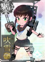  1girl absurdres anchor_symbol black_sailor_collar black_skirt black_socks blue_neckerchief blush boots brown_hair character_name chibi collarbone commentary_request fubuki_(kancolle) fubuki_kai_ni_(kancolle) full_body green_eyes grey_boots highres holding holding_turret kantai_collection kneehighs looking_at_viewer low_ponytail mast medium_hair midriff_peek miniskirt neckerchief outstretched_arm pleated_skirt ponytail radar rigging sailor_collar ship_turret shirt short_sleeves sidelocks skirt smile smokestack socks solo standing thigh_strap torpedo_launcher twitter_username white_shirt yoko_hata 