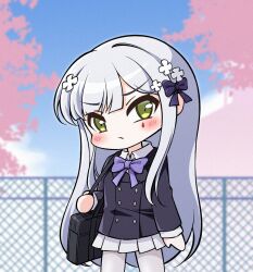  1girl bag black_bow black_jacket blazer blue_sky blush bow bowtie chain-link_fence chibi chibi_only clouds collared_shirt commentary feet_out_of_frame fence girls_frontline green_eyes hair_bow hair_ornament hk416_(girls'_frontline) jacket jiwon_(sj1) long_hair long_sidelocks looking_at_viewer pantyhose pink_petals pleated_skirt pout purple_bow purple_bowtie school_bag shirt shoulder_bag sidelocks skirt sky solo standing tattoo teardrop_tattoo very_long_hair white_hair white_pantyhose white_shirt white_skirt 