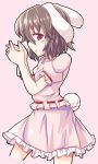  1girl absurdres animal_ears black_hair blush_stickers bunny_tail hands_together highres inaba_tewi interlocked_fingers looking_at_viewer outline parted_lips pink_background puffy_short_sleeves puffy_sleeves rabbit_ears red_eyes short_hair short_sleeves side_glance simple_background skirt skirt_set solo tail tanakara touhou 