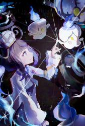  1girl anzu_(v0_0v_o0) black_dress black_hair blunt_bangs bob_cut breasts cande chandelier chandelure closed_mouth coat dress fire gloves gradient_hair gwynn_(pokemon) hat highres litwick long_sleeves multicolored_hair open_clothes open_coat open_mouth partially_fingerless_gloves pokemon pokemon_(creature) pokemon_legends:_z-a purple_fire purple_hair short_hair smile sparkle violet_eyes white_coat yellow_eyes 