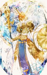  1girl armor armored_dress breastplate closed_mouth commentary_request copyright_name covered_eyes dress faulds final_fantasy final_fantasy_xiv gold_armor gold_helmet halone helmet helmet_over_eyes holding holding_polearm holding_shield holding_weapon long_hair polearm ruka_(blueplus84) shield shoulder_armor solo spear very_long_hair weapon white_dress white_hair winged_helmet 