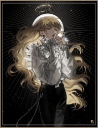  1girl blackbox_(blackbox9158) blonde_hair blouse chest_bow cowboy_shot cross crown_of_thorns earrings glowing glowing_hair green_eyes halo hands_up highres interlocked_fingers jewelry long_hair omniscient_reader's_viewpoint shirt shirt_tucked_in sky solo star_(sky) starry_sky sun_behind_head uriel_(omniscient_reader's_viewpoint) very_long_hair wavy_hair white_shirt 