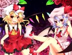  1girl ascot bat_wings blonde_hair blush flandre_scarlet grin hat looking_at_viewer open_mouth pointy_ears remilia_scarlet sisterakuma smile touhou wings 