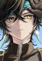  1boy arm_up black_gloves black_hair black_shirt blue_background closed_mouth collared_shirt commentary_request crossed_bangs diamond-shaped_pupils diamond_(shape) earrings eyelashes frown genshin_impact gloves green_headband headband highres jewelry kinich_(genshin_impact) male_focus multicolored_eyes necoco112061 piercing portrait shirt sideways_glance solo symbol-shaped_pupils watermark 
