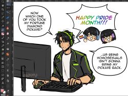  1girl 2boys areuwuu art_program_in_frame black_hair black_jacket chibi chibi_inset computer_keyboard computer_mouse english_text han_sooyoung headphones highres jacket kim_dokja minecraft monitor multiple_boys omniscient_reader's_viewpoint screenshot shirt short_hair speech_bubble t-shirt white_shirt yoo_joonghyuk 