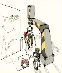  1boy 1girl absurdres ahoge anton_ivanov arrow_(symbol) bare_shoulders black_gloves black_hair black_shoes black_sports_bra chasing clothes_around_waist coat coat_on_shoulders commentary crane_game drill elbow_gloves english_commentary ethereal_(zenless_zone_zero) falling from_above full_body gloves goggles goggles_on_head grace_howard highres holding holding_tablet_pc looking_at_another machinery multicolored_hair platlk red_eyes red_hair red_streaks shoes spiky_hair spoken_character sports_bra streaked_hair tablet_pc white_background white_coat zenless_zone_zero 