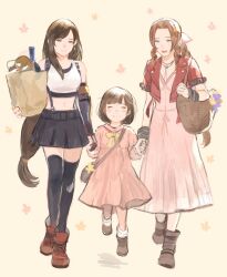  3girls aerith_gainsborough bag bangle bare_shoulders black_bra black_skirt black_thighhighs bob_cut boots bottle bow bowtie bra bracelet braid braided_ponytail bread breasts brown_boots brown_hair child choker closed_eyes closed_mouth commentary_request crop_top cropped_jacket dress earrings elbow_gloves final_fantasy final_fantasy_vii final_fantasy_vii_remake fingerless_gloves flower_choker food full_body gloves green_eyes hair_ribbon highres holding holding_bag holding_hands j2_path jacket jewelry loaf_of_bread long_dress long_hair marlene_wallace medium_breasts midriff miniskirt multiple_girls open_mouth parted_bangs pink_dress pink_ribbon pleated_skirt red_boots red_eyes red_jacket ribbon short_hair short_sleeves shoulder_bag sidelocks single_braid single_sidelock skirt smile socks sports_bra suspenders thigh-highs tifa_lockhart underwear walking white_socks yellow_bow yellow_bowtie 