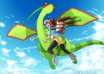  1girl bag black_legwear blue_eyes blue_sky brown_hair double_bun flygon flying highres long_hair mei_(pokemon) pantyhose pokemon pokemon_(creature) pokemon_(game) pokemon_bw2 raglan_sleeves satchel scared shorts sky twintails visor_cap wings you_(maumauyo) 