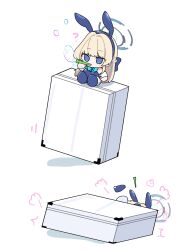  1girl ? animal_ears aqua_bow aqua_bowtie blonde_hair blowing_bubbles blue_archive blue_eyes blue_hairband blue_halo blue_leotard bow bowtie bubble bubble_pipe chibi fake_animal_ears fallen_down hairband halo highres koyuuuuuuuuuuu leotard long_hair official_alternate_costume playboy_bunny rabbit_ears sitting soap_bubbles strapless thigh-highs toki_(blue_archive) toki_(bunny)_(blue_archive) white_thighhighs white_wrist_cuffs wrist_cuffs 