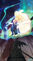  absurdres aerith_gainsborough arm_around_neck armor baggy_pants black_gloves black_pants black_shirt blonde_hair blue_eyes brown_hair buster_sword closed_eyes cloud_strife dress falling_feathers feathers final_fantasy final_fantasy_vii flower gloves hair_between_eyes highres holding holding_sword holding_weapon lifestream lily_(flower) long_dress long_hair on_one_knee pants parted_bangs pauldrons pink_dress sephiroth shadow shirt short_hair shoulder_armor sidelocks single_pauldron sword weapon yellow_flower zzzoeuf 