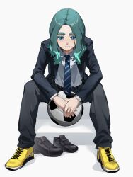  1boy alternate_costume aqua_hair ball black_jacket black_pants black_shoes blue_eyes blue_necktie collared_shirt gqwittull highres inazuma_eleven_(series) inazuma_eleven_victory_road jacket looking_at_viewer male_focus medium_hair multicolored_hair necktie open_clothes open_jacket pants pink_nose sasanami_unmei shirt shoes simple_background sitting soccer_ball solo striped_necktie two-tone_hair unworn_shoes white_background white_shirt yellow_shoes 