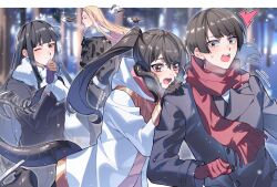  1girl 1other 2boys asahi_sas_brutus au_ra bird black_horns black_scales black_tail blunt_bangs bowl_cut commission commissioner_upload dragon_horns dragon_tail final_fantasy final_fantasy_xiv garlean horns hyur izumi_tol_amulius long_hair multiple_boys ponytail saba_miso scales short_hair skeb_commission snow snowing tail warrior_of_light_(ff14) yotsuyu_goe_brutus zenos_yae_galvus 