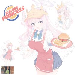  1girl alternate_hairstyle baseball_cap blue_archive blue_bow blue_bowtie bow bowtie brand_name_imitation burger burger_king burger_king_crown burger_king_foot_lettuce_(meme) eating employee_uniform fast_food fast_food_uniform food french_fries halo hat highres long_hair makotan_art meme mika_(blue_archive) multiple_views parody pink_hair pink_halo plate skirt smile waitress 