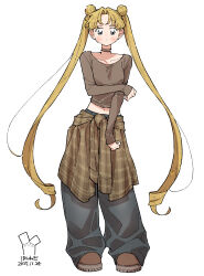  1girl alternate_costume arm_under_breasts baggy_pants bishoujo_senshi_sailor_moon blonde_hair blush breasts brown_shirt brown_shoes casual choker closed_mouth clothes_around_waist crossed_arms dated dot_mouth double_bun full_body hair_bun highres long_hair looking_at_viewer medium_breasts midriff navel neginoaoitokoro pants parted_bangs plaid_clothes plaid_shirt shirt shirt_around_waist shoes solo tsukino_usagi twintails very_long_hair white_background 
