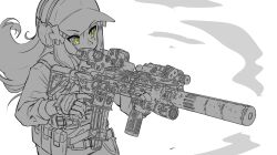  1girl ammunition_pouch assault_rifle baseball_cap belt breast_suppress bulletproof_vest commentary ear_protection eotech fingerless_gloves firing girls_frontline gloves green_eyes greyscale gun h&amp;k_hk416 hair_ornament hat hk416_(girls'_frontline) jiwon_(sj1) long_hair long_sleeves magazine_(weapon) monochrome pants pouch rifle sidelocks sight_magnifier sketch spot_color tactical_clothes tattoo teardrop_tattoo weapon 