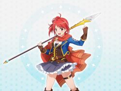  1girl blue_jacket brown_eyes brown_vest clean fingerless_gloves game_cg gloves hair_bun hand_up holding holding_polearm holding_weapon jacket kano_misora looking_at_viewer official_art open_mouth polearm purple_skirt red_hair red_scarf scarf shoujo_kageki_revue_starlight shoujo_kageki_revue_starlight_-re_live- single_side_bun skirt solo spear standing thigh_strap upper_body vest weapon 