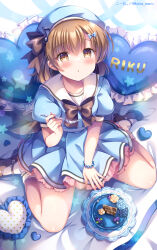  1girl :o animal_ears beret blue_bow blue_flower blue_hat blue_rose blue_serafuku blue_skirt blue_sky blush bow brown_bow brown_hair brown_shoes cat_ears eighth_note flower fork frilled_pillow frills hair_bow happy_birthday hat heart heart-shaped_pillow highres holding holding_fork kouta. musical_note original parted_lips pillow pleated_skirt puffy_short_sleeves puffy_sleeves rose sailor_collar school_uniform serafuku shoes short_sleeves sitting skirt sky socks solo twitter_username wariza white_background white_flower white_rose white_sailor_collar white_socks 