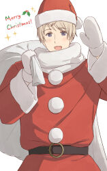  1boy axis_powers_hetalia bag belt blonde_hair blush brown_belt christmas coat commentary_request english_text fur-trimmed_gloves fur-trimmed_headwear fur-trimmed_sleeves fur_trim gift_bag gloves hands_up hat highres holding holding_bag long_sleeves looking_at_viewer male_focus merry_christmas open_mouth pom_pom_(clothes) red_coat red_hat russia_(hetalia) santa_costume santa_hat scarf short_hair simple_background smile solo standing violet_eyes white_background white_bag white_gloves white_scarf wide_sleeves ymgr64 
