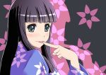  1girl araragi_tsukihi black_eyes black_hair blush flower highres japanese_clothes kimono long_hair monogatari_(series) nenchi smile solo tongue tongue_out 