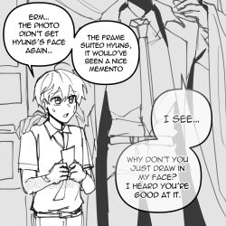  2boys areuwuu bandage_on_face bandages coat dual_persona english_text hair_between_eyes hand_on_another's_shoulder height_difference highres holding holding_photo kim_dokja male_focus monochrome multiple_boys necktie oldest_dream omniscient_reader's_viewpoint out_of_frame photo_(object) shirt short_hair t-shirt vest 