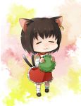  1girl :3 animal_ears blush cat_ears cat_tail chen earrings grimay hat jewelry multiple_tails short_hair skirt solo tail touhou 