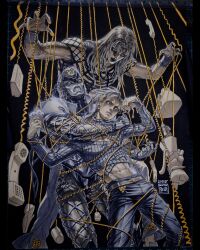  1other 2boys animal arm_tattoo belt black_lips book cellphone cigarette_butt cleavage_cutout clenched_teeth clothing_cutout commentary cup diavolo doll english_commentary epitaph_(jojo) fingernails fishnet_top fishnets highres holding holding_animal holding_frog jojo_no_kimyou_na_bouken king_crimson_(stand) limited_palette long_hair long_sleeves looking_to_the_side makeup male_focus marker_(medium) maya_panda midriff mug multiple_boys navel pants phone photo_(object) shoes spotted_hair stand_(jojo) sweater tattoo teeth traditional_media turtleneck turtleneck_sweater vento_aureo vinegar_doppio wristband 