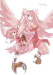  1girl breasts character_name chibi dress dual_persona feathered_wings feathers fion_(naso4) hair_feathers long_hair monster_girl naso4 no_arms original pink_eyes pink_hair solo talons translation_request two_side_up 
