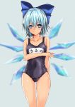  1girl amefurasy blue_eyes blue_hair bow cirno hair_bow ice ice_wings ribbon school_swimsuit short_hair solo swimsuit touhou wet wings 