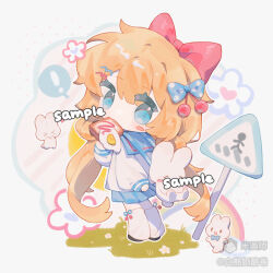  ! 1girl bai_xiong_nailaojuan ball_hands black_shoes blue_eyes blue_sailor_collar blue_skirt blunt_bangs blush_stickers bow bread bread_slice chibi chibi_only crosswalk_sign double-parted_bangs egg_(food) food full_body hair_between_eyes hair_bow highres holding holding_food long_hair long_sleeves looking_at_viewer mihuashi_username orange_hair original outline pleated_skirt rabbit rainbow red_bow road_sign sailor_collar sample_watermark school_uniform serafuku shirt shoes sign skirt socks solo spoken_exclamation_mark standing toast watermark white_outline white_shirt white_socks 