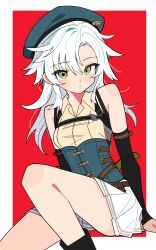  1girl absurdres aqua_hat black_boots black_sleeves blush boots border breasts commission detached_sleeves dress_shirt eiyuu_densetsu fie_claussell green_eyes hair_between_eyes hat highres kuro_no_kiseki_(series) kuro_no_kiseki_i long_hair miniskirt outside_border pixiv_commission pleated_skirt red_background rotoi_1234 sen_no_kiseki_(series) sen_no_kiseki_i shirt sitting skirt sleeveless sleeveless_shirt small_breasts solo underbust white_border white_hair white_shirt white_skirt 