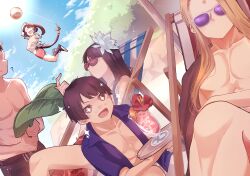  asahi_sas_brutus au_ra ball beach beach_chair beachball black_scales black_tail bowl_cut commission commissioner_upload drink final_fantasy final_fantasy_xiv flower garlean hair_flower hair_ornament highres holding holding_leaf holding_tray horns hyur ice ice_cube izumi_tol_amulius leaf open_clothes open_mouth open_shirt ponytail scales short_hair sikiso_soso skeb_commission sparkling_eyes sunglasses swimsuit tray warrior_of_light_(ff14) yotsuyu_goe_brutus zenos_yae_galvus 