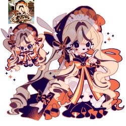  1girl absurdly_long_hair asymmetrical_dress asymmetrical_legwear bandaged_leg bandages bare_shoulders black_bow black_eyes black_hat black_pantyhose black_shoes black_skirt black_wrist_cuffs blonde_hair blunt_bangs bow bowtie brooch chibi collared_dress commentary cookie_run cookie_run:_kingdom cropped_legs dress drill_hair facial_tattoo fishnet_pantyhose fishnets four-pointed_star frilled_dress frilled_headwear frilled_skirt frilled_wrist_cuffs frills game_screenshot_inset hair_intakes halloween happy hat hat_bow highres humanization jack-o'-lantern_brooch jack-o'-lantern_hat_ornament jewelry light_blush long_dress long_hair looking_at_viewer loose_hair_strand maid_headdress mary_janes miniskirt mismatched_legwear multicolored_hair multiple_views mycookie open_mouth orange_bow orange_bowtie orange_pupils pantyhose pointing pointing_up reed reference_inset ribbon-trimmed_wrist_cuffs shoes short_dress simple_background single_leg_pantyhose single_stripe skirt skirt_hold skirt_under_dress sleeveless sleeveless_dress smile sparkle star_(symbol) star_tattoo streaked_hair striped_bow striped_bowtie striped_clothes symbol-only_commentary tattoo twintails two-tone_bow very_long_hair white_background white_bow white_dress wrist_cuffs 