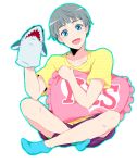  1boy blue_eyes blue_legwear blush free! grey_hair hand_puppet male mole nitori_aaichirou open_mouth pochi_(goodgrief) puppet shark short_hair smile socks solo yes-no_pillow 