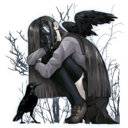  1girl bare_tree bird black_hair black_sailor_collar black_shoes black_skirt black_thighhighs blunt_ends crow grey_shirt head_tilt high_heels highres long_hair long_sleeves machipachi1901 original plague_doctor_mask pleated_skirt sailor_collar shirt shoes sidelocks skirt solo squatting thigh-highs tree very_long_hair 