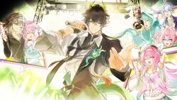  >_< 3boys 4girls absurdres anaxa_(honkai:_star_rail) animal_costume aqua_hair black_hair black_shirt breasts camera commentary cyrene_(honkai:_star_rail) cyrene_(ripples_of_past_reverie)_(honkai:_star_rail) dan_heng_(honkai:_star_rail) dan_heng_(permansor_terrae)_(honkai:_star_rail) english_commentary glowstick green_eyes green_hair grey_hair highres holding holding_camera holding_glowstick holding_microphone honkai:_star_rail honkai_(series) hush_(xoxo_hush) hyacine_(honkai:_star_rail) long_hair looking_at_viewer march_7th_(honkai:_star_rail) medium_breasts microphone multicolored_hair multiple_boys multiple_girls phainon_(honkai:_star_rail) pink_hair pink_shirt pointy_ears second-party_source shirt stage stelle_(honkai:_star_rail) trailblazer_(honkai:_star_rail) twintails two-tone_hair very_long_hair violet_eyes white_hair 